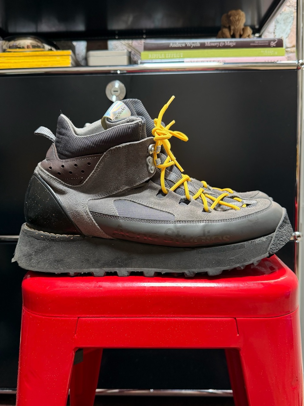 Acne Studios Men's Dark Gray High-Top Hiking Sneaker with Yellow Laces